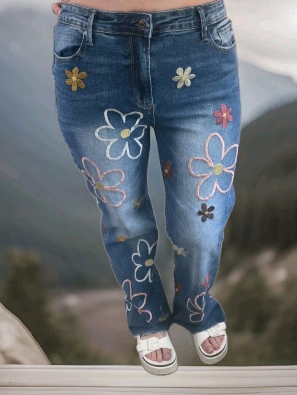 Bar X Oli & Hali Embroidered Floral Wide-Leg Jeans — Blue SZ M - Picture 2 of 10